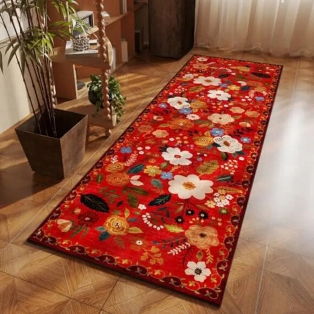 Non Slip 2 x 6 Red Washable Runner Rugs with Rubber Backing Soft Floral Carpet